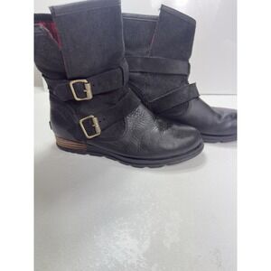 Sorel Major Moto Black Leather Red Buffalo Check Plaid Foldover Buckle Boots 7